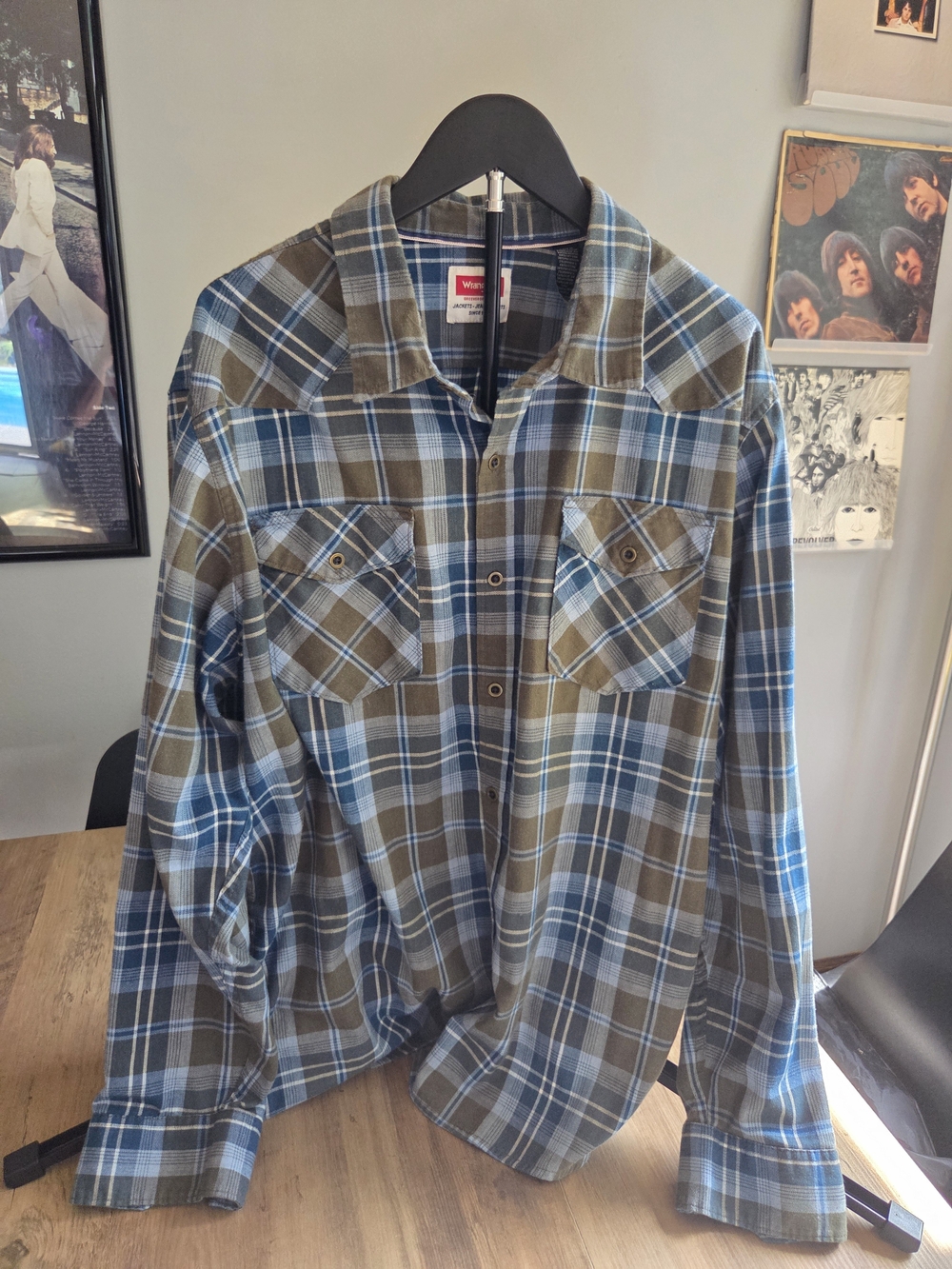 VINTAGE Wrangler Blue and Brown Plaid Lightweight Shirt Jacket